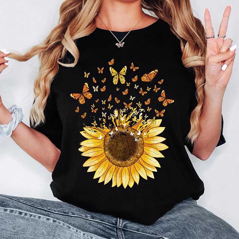 Sunflower Butterfly Floral Botanical T-Shirt