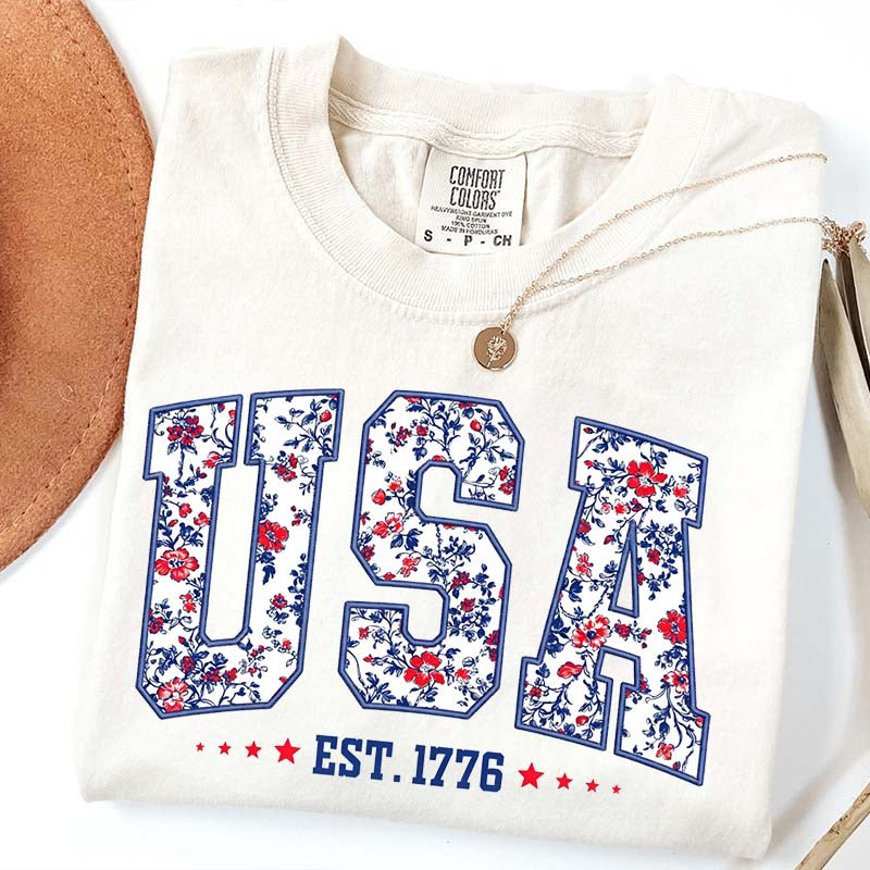 Flower USA Floral Patriotic T-Shirt