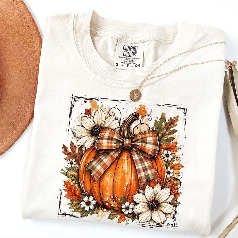 Pumpkin Bow Fall Graphic Floral T-Shirt