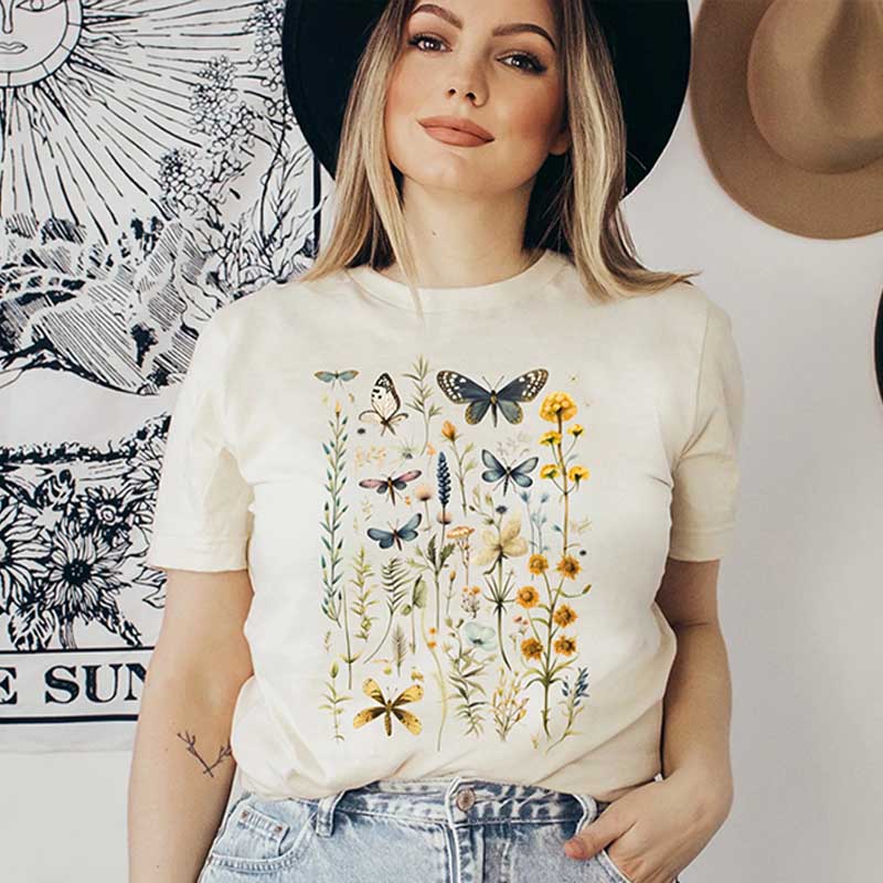 Wild Flower Dragonfly Watercolor Botanical T-Shirt