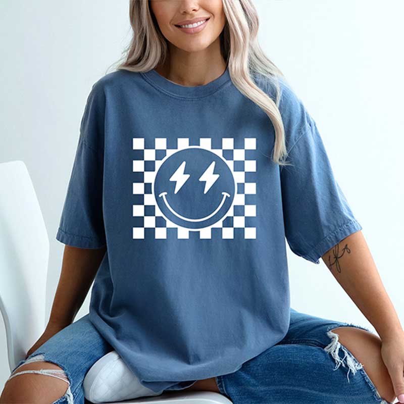 Comfort Colors Checkered Pattern Smile Face T-Shirt