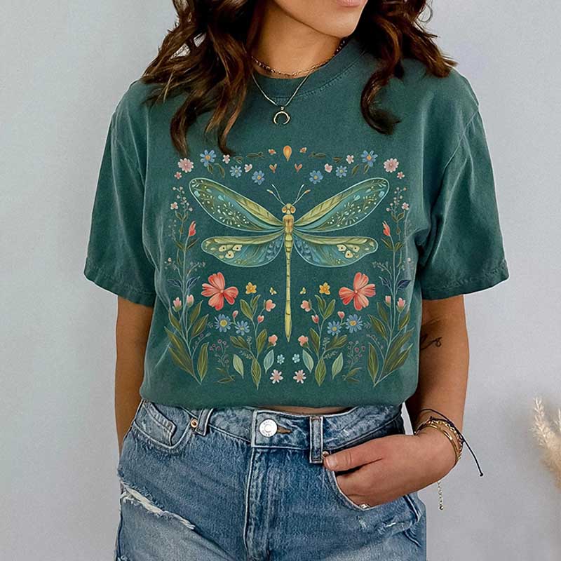 Dragonfly Watercolor Floral Graphic T-Shirt