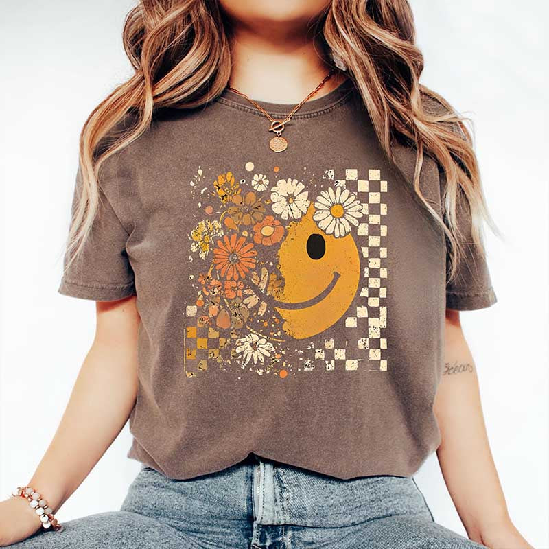 Checkered Boho Floral Fall Face T-Shirt