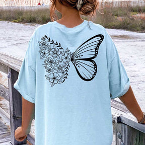 Floral butterfly crew neck comfortable T-shirt