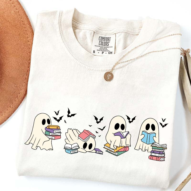 Cute Ghost Reading Book Halloween T-Shirt