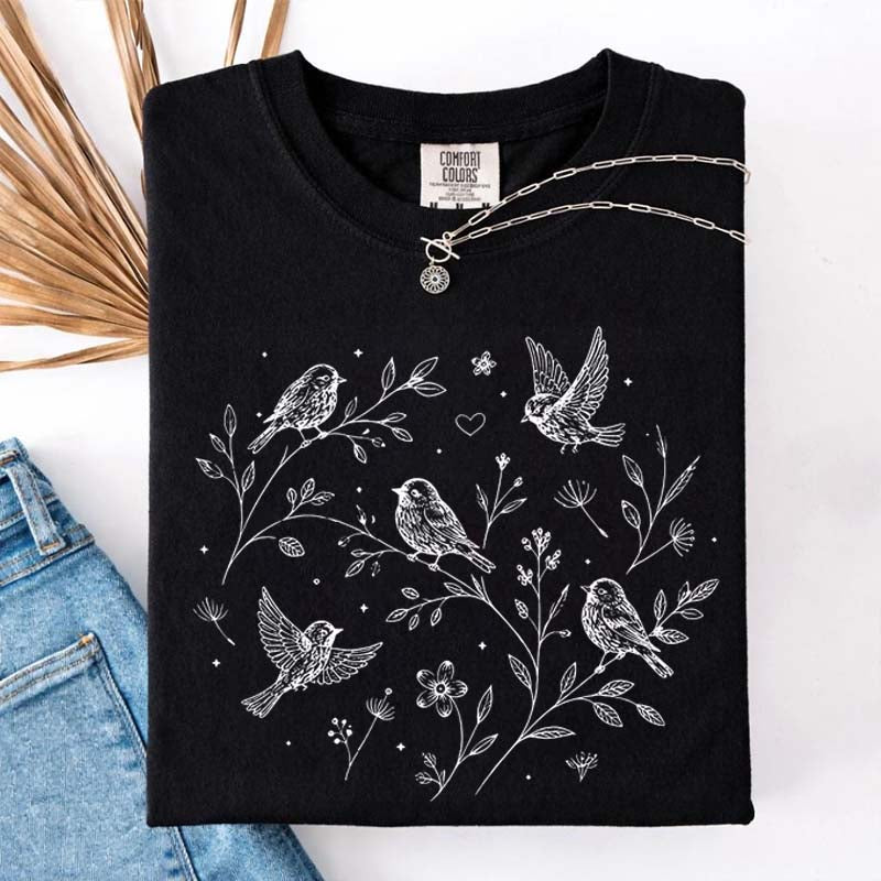 Boho Botanical Birds Sparrow T-Shirt