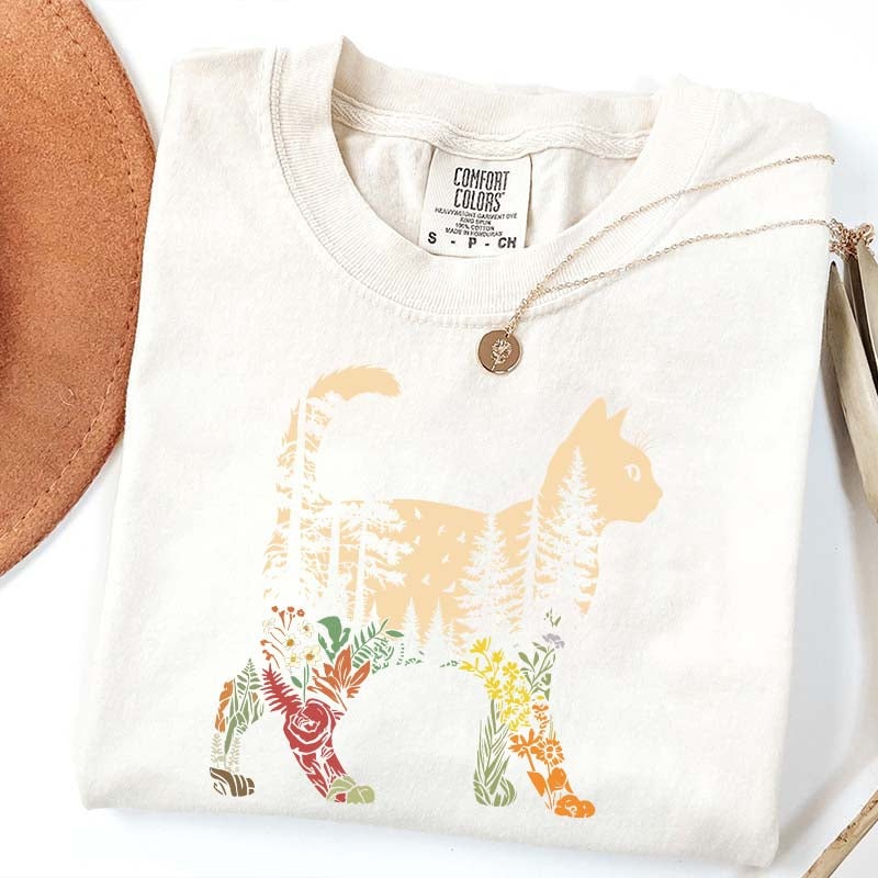 Boho Cat Plants Nature Trees Wild Flowers T-Shirt