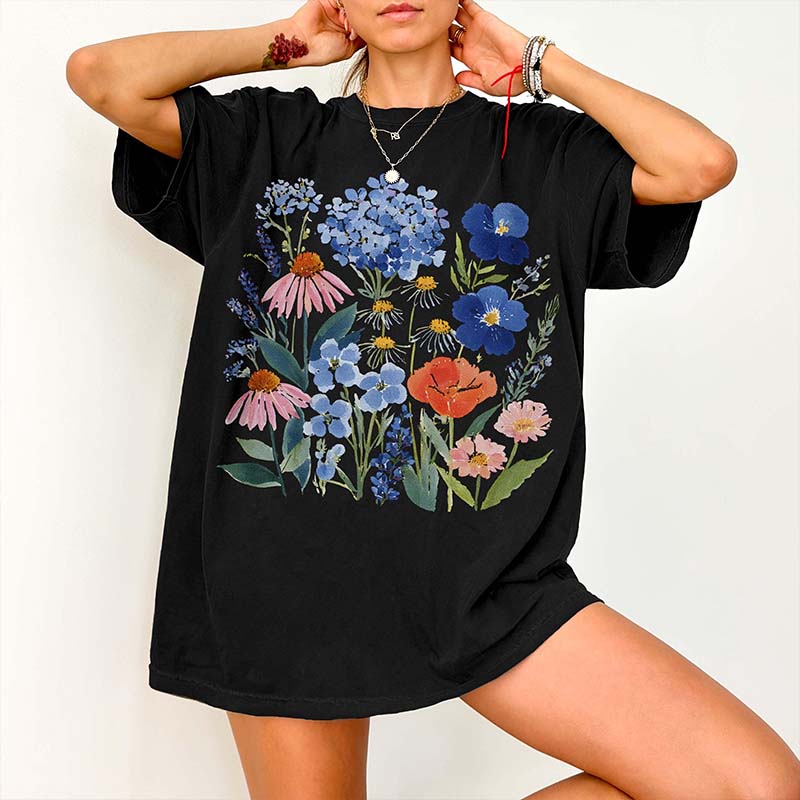 Botanical Flower Blue Cottagecore Floral T-Shirt