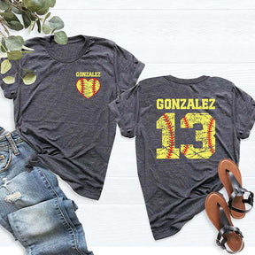 Custom Team Number And Name Softball Heart T-Shirt