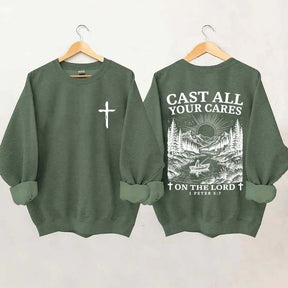Cast All Your Cares Lord 1 Peter 5:7 Nature River Fishing Boat Sweatshirt