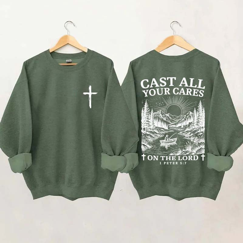 Cast All Your Cares Lord 1 Peter 5:7 Nature River Fishing Boat Sweatshirt