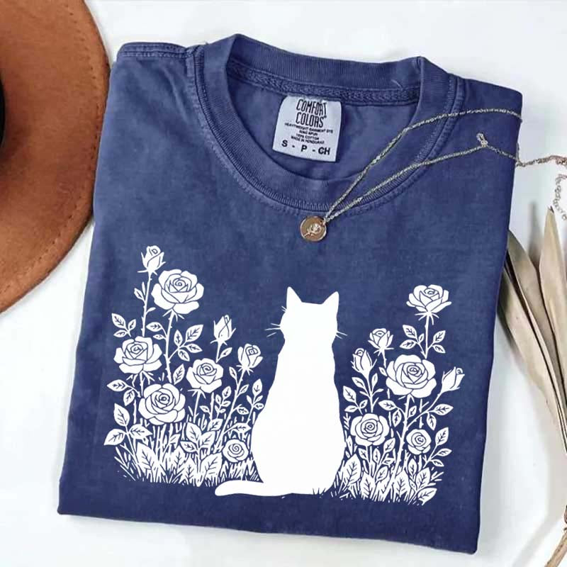 Cottagecore Cat Owner Rose Black T-Shirt