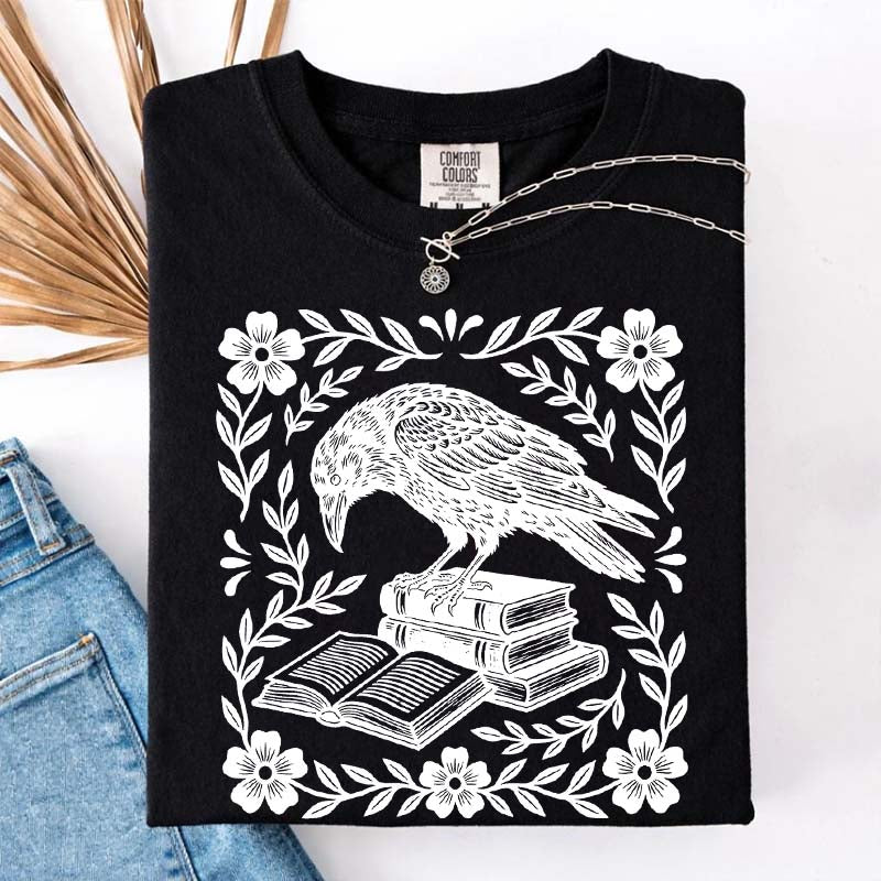 Retro Bookish Raven Linocut T-Shirt