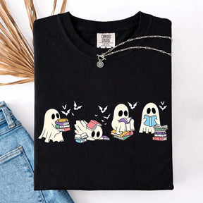 Cute Ghost Reading Book Halloween T-Shirt