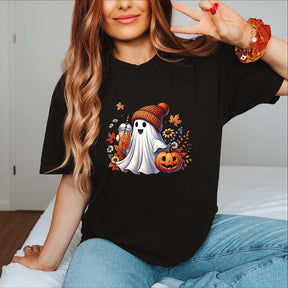 Halloween Ghost Coffee Pumpkin Flower T-Shirt