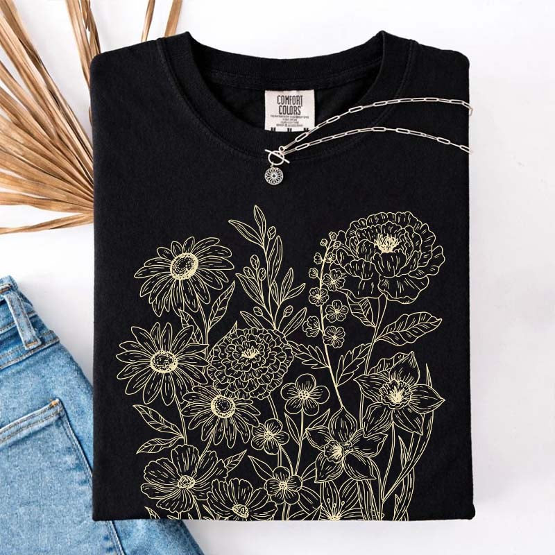 Vintage Pressed Flowers Minimalist Line T-Shirt
