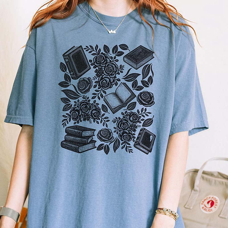 Linocut Books and Flowers T-Shirt