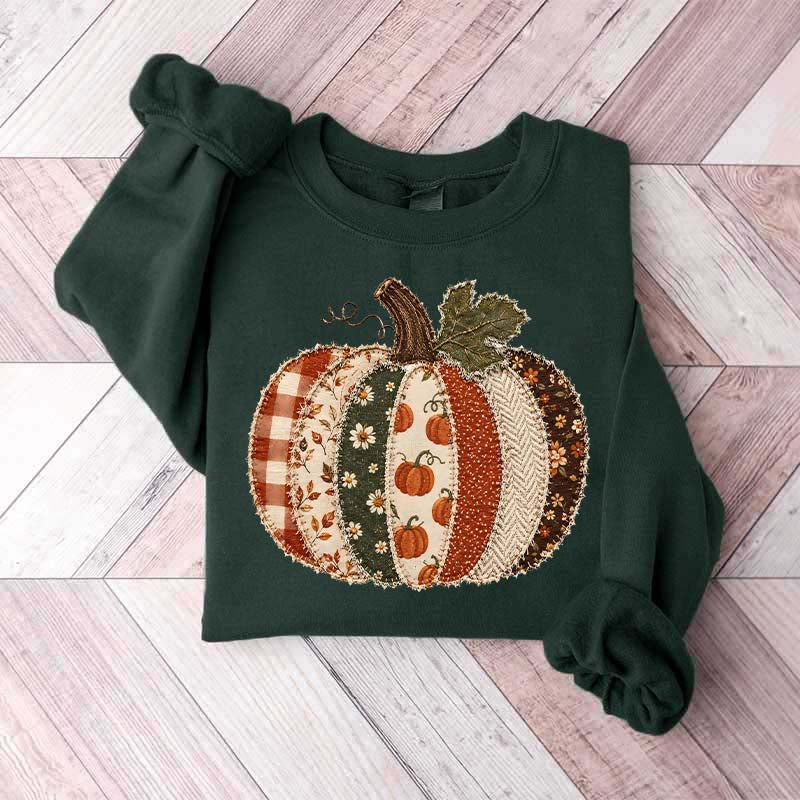 Faux Patchwork Fall Pumpkin Printed Sweatshirt