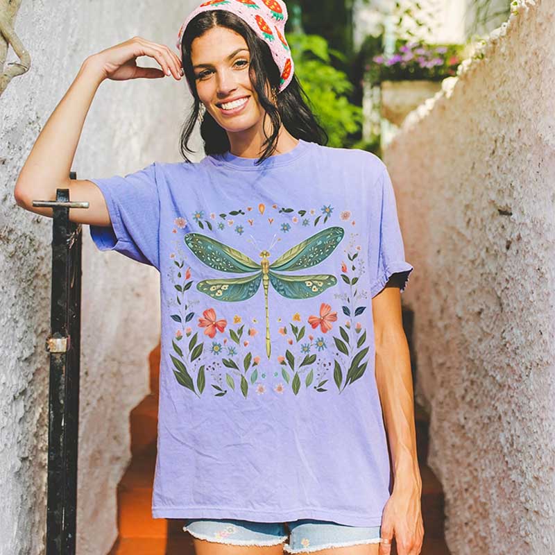 Dragonfly Watercolor Floral Graphic T-Shirt