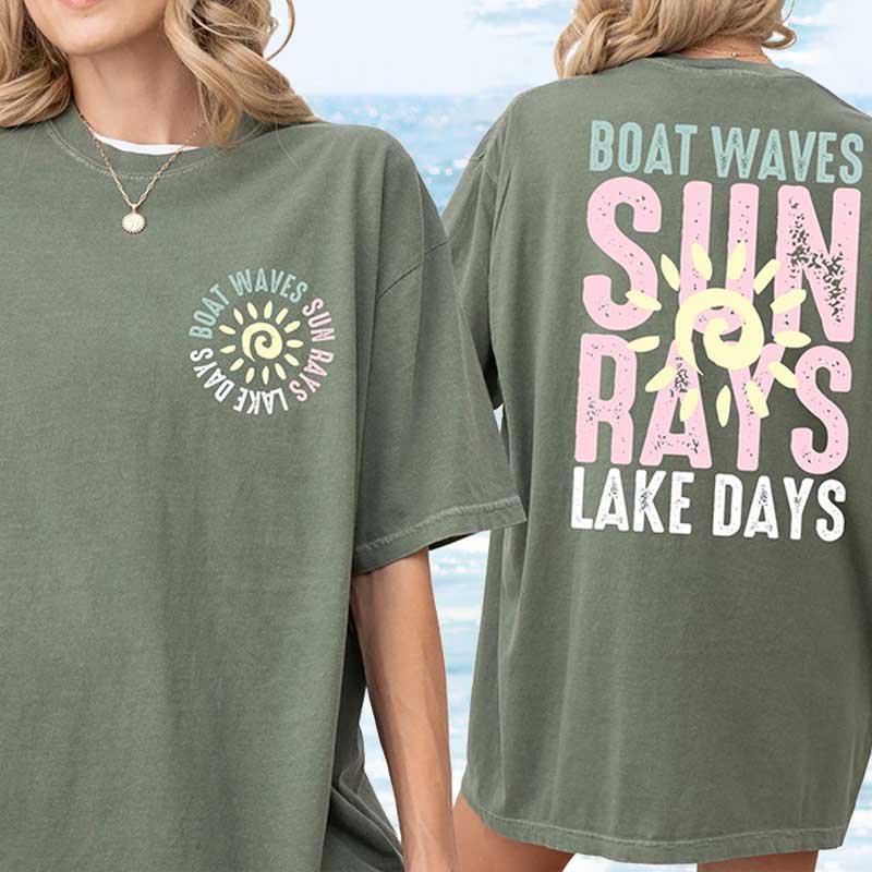 Retro Summer Boat Waves Sun Rays Lake Days T-Shirt