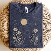Minimalist Cat Moon Night Sky Floral T-Shirt