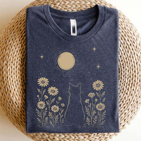 Minimalist Cat Moon Night Sky Floral T-Shirt