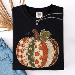 Faux Patchwork Fall Pumpkin Printed T-Shirt
