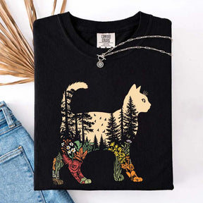 Boho Cat Plants Nature Trees Wild Flowers T-Shirt
