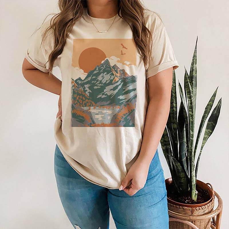 Retro Neutral Landscape Mountain and Sun T-Shirt