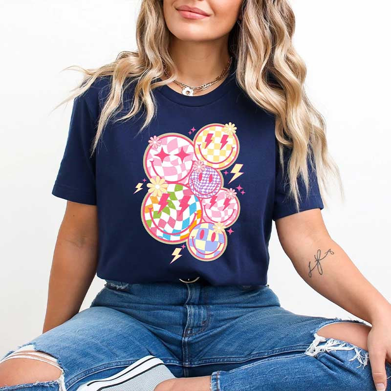 Trendy Checkered Smiley Face T-Shirt