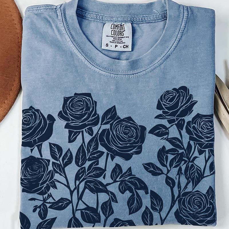Vintage Linocut Flower Block Print Roses T-Shirt