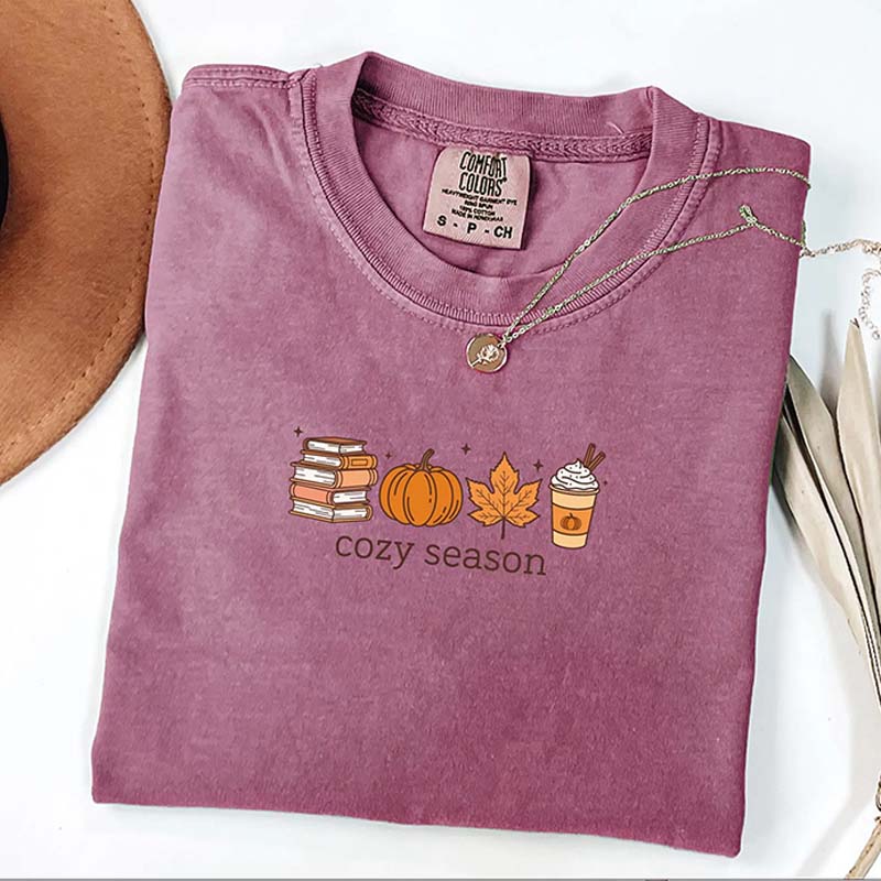 Cozy Season Autumn Leaf Book Lover T-Shirt