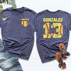 Custom Team Number And Name Softball Heart T-Shirt