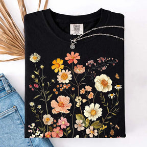 Vintage Delicate Printed Wild Flowers Boho T-Shirt