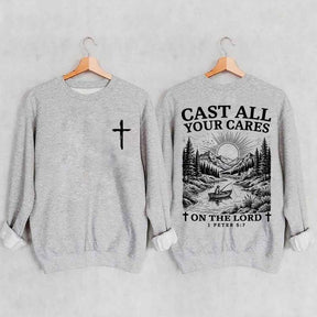 Cast All Your Cares Lord 1 Peter 5:7 Nature River Fishing Boat Sweatshirt