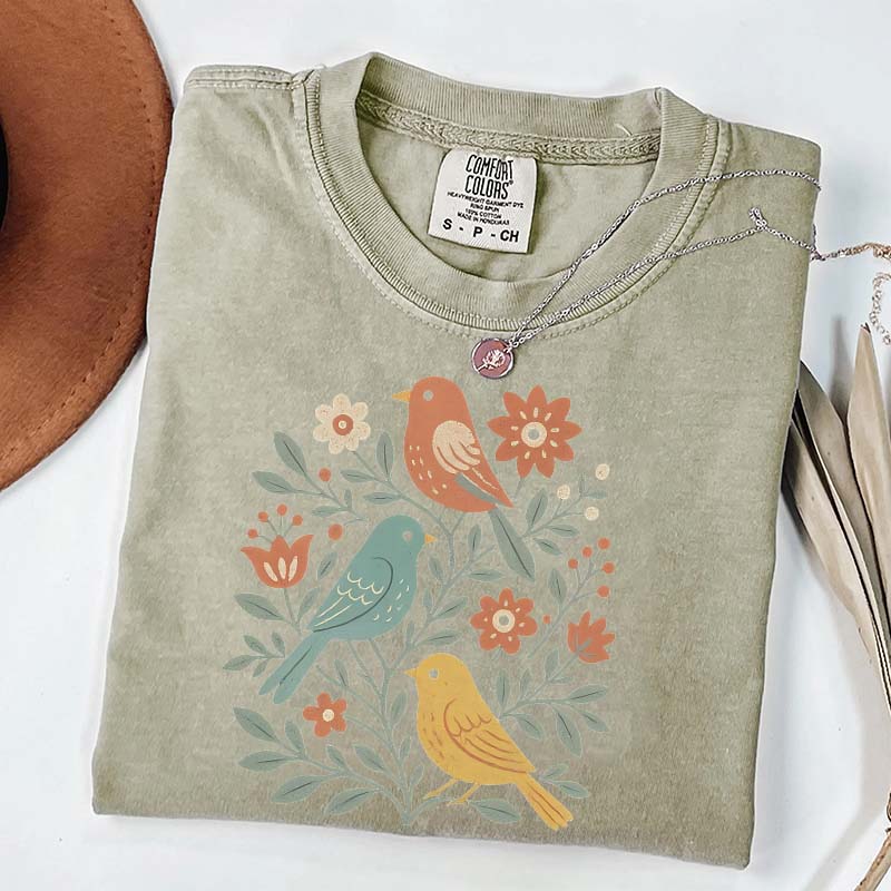 Boho Cottagecore Birds and Flowers T-Shirt