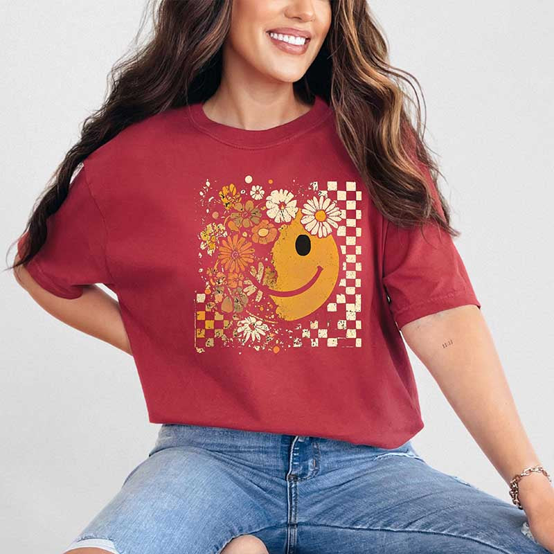 Checkered Boho Floral Fall Face T-Shirt