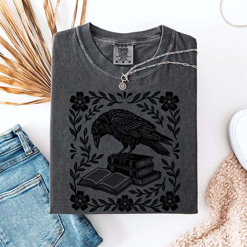 Retro Bookish Raven Linocut T-Shirt