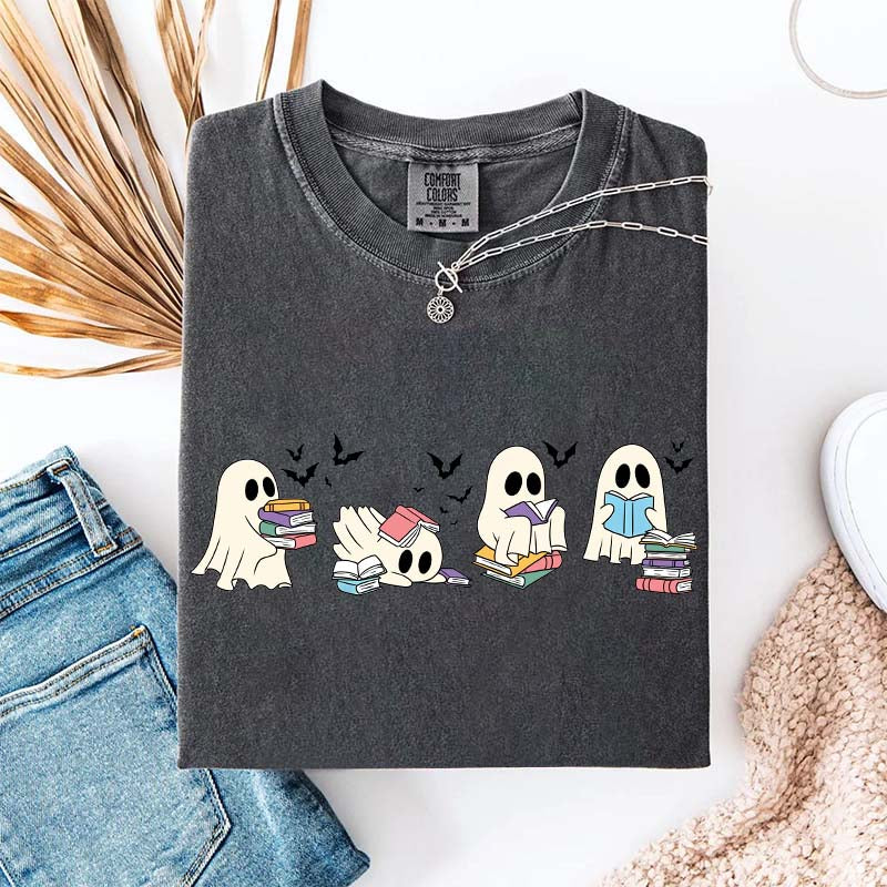 Cute Ghost Reading Book Halloween T-Shirt