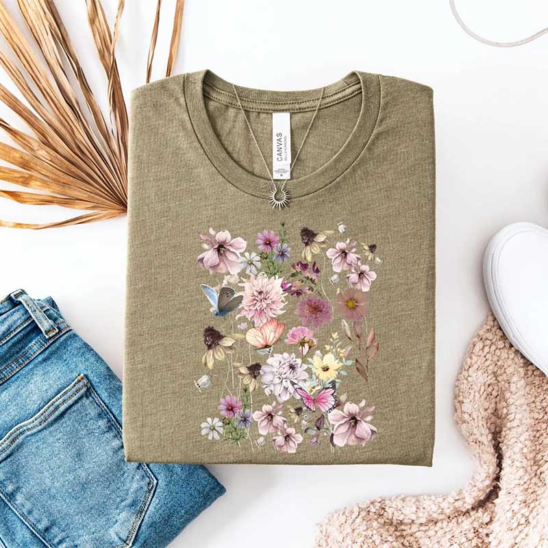Pressed Flowers Boho Cottagecore Butterfly T-Shirt