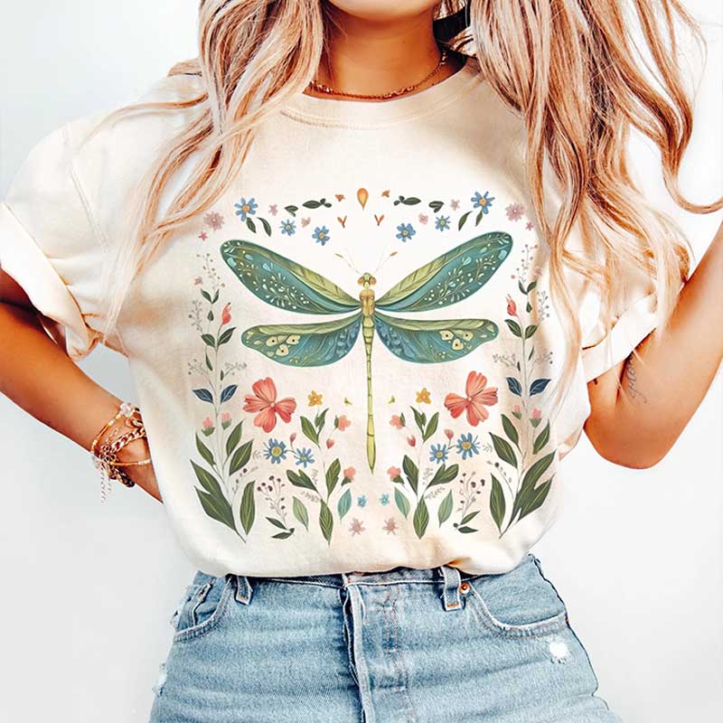 Dragonfly Watercolor Floral Graphic T-Shirt