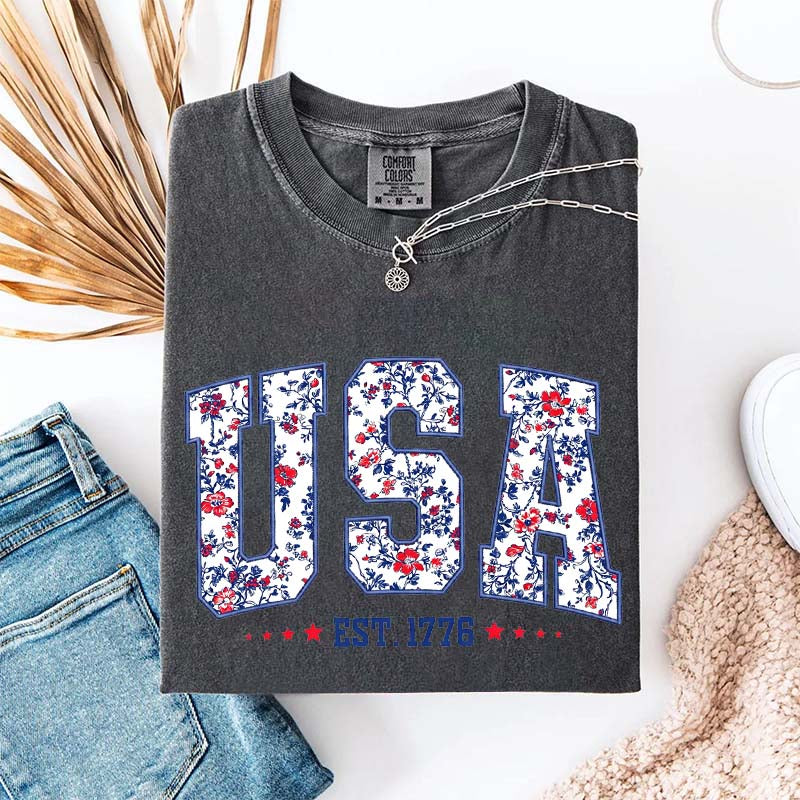 Flower USA Floral Patriotic T-Shirt
