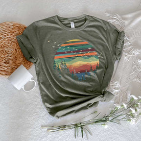 Retro Pine Trees Sunset Forest Themed T-Shirt