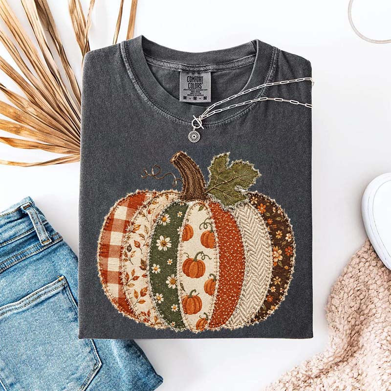 Faux Patchwork Fall Pumpkin Printed T-Shirt