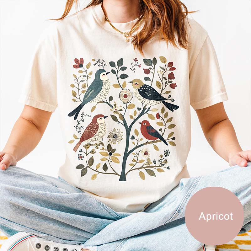 Cottagecore Birds and Flowers Folk Art T-Shirt
