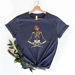 Skeletons Yoga Meditation Mushrooms And Flowers T-Shirt