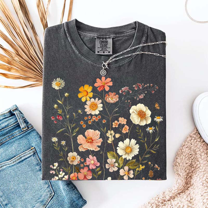 Vintage Delicate Printed Wild Flowers Boho T-Shirt