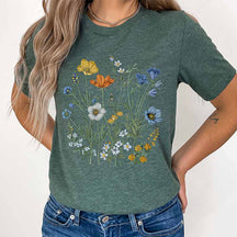 Boho Wildflowers Cottagecore Blue Floral T-Shirt