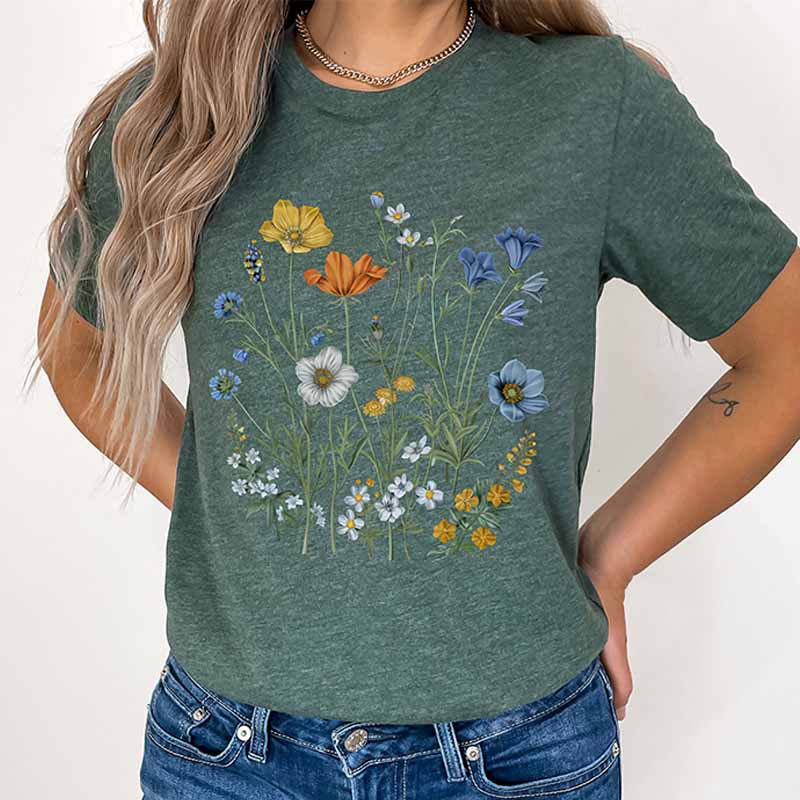 Boho Wildflowers Cottagecore Blue Floral T-Shirt