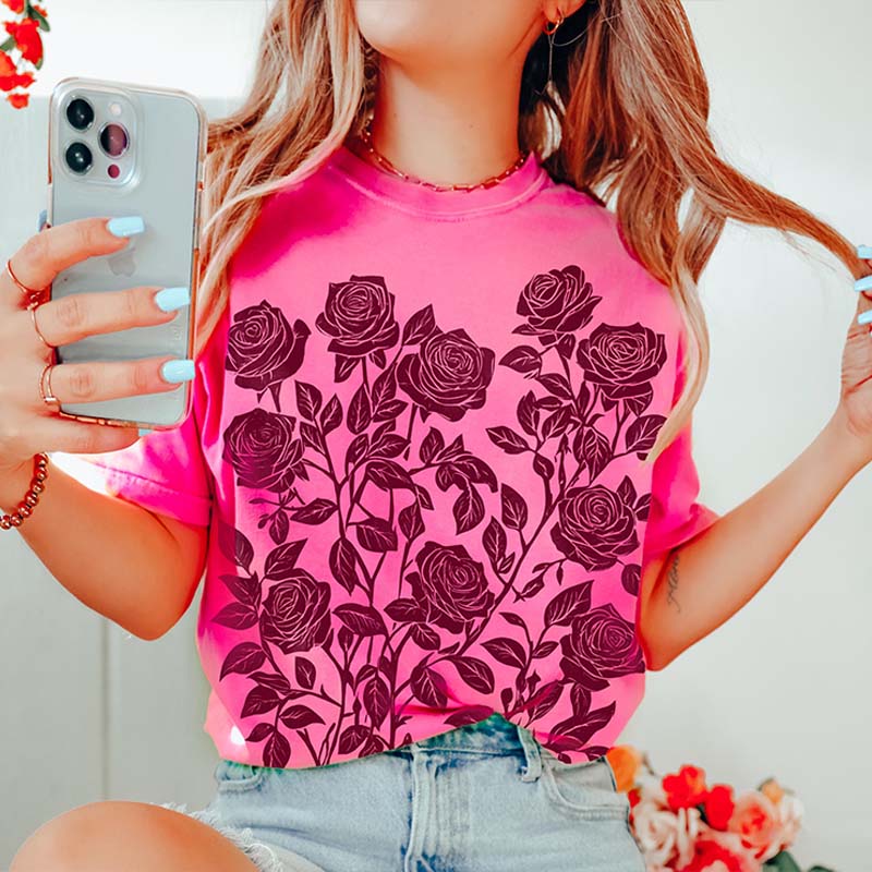 Vintage Linocut Flower Block Print Roses T-Shirt